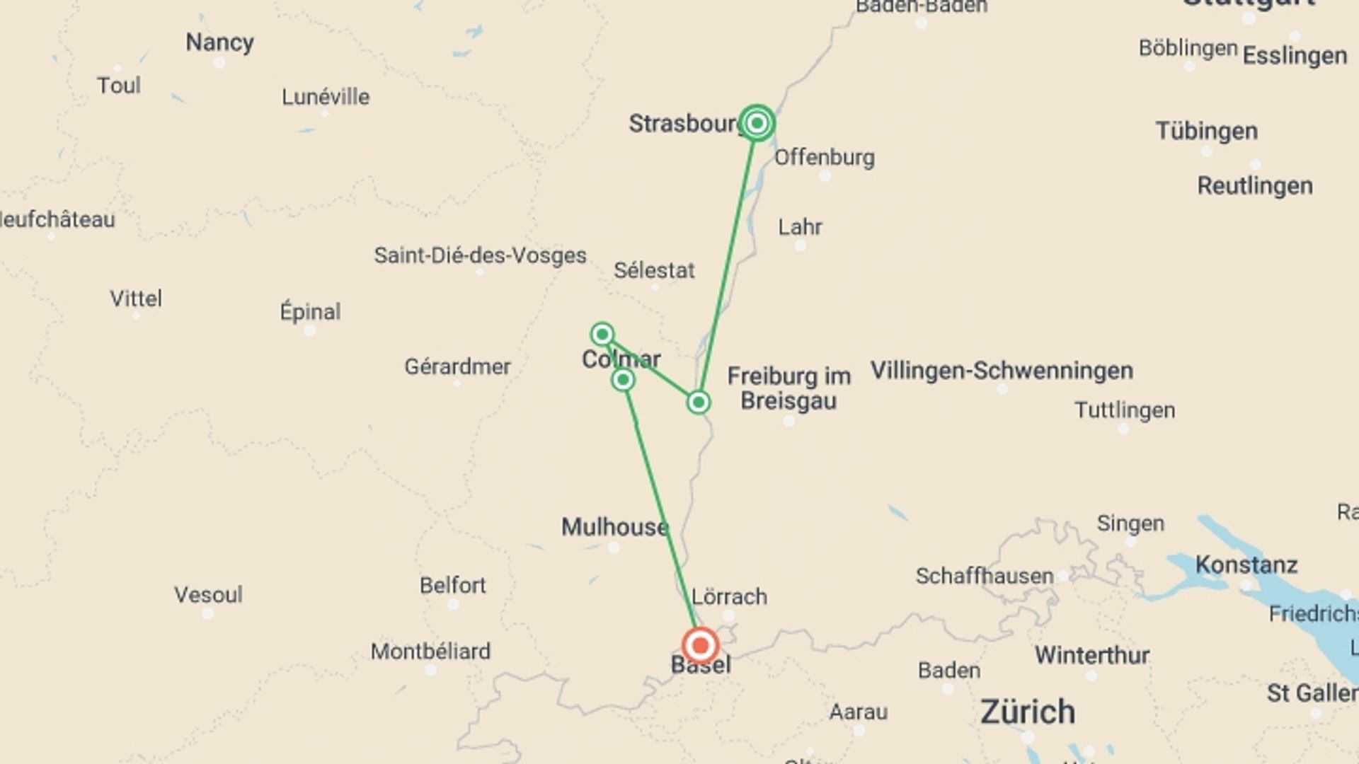 A map showing the tour itinerary for the trip: Magical Christmas extravaganzas in Alsace and Switzerland along the Rhine (port-to-port cruise), starting in Strasbourg, France and ending in Basel, Switzerland going through 1 other destinations.