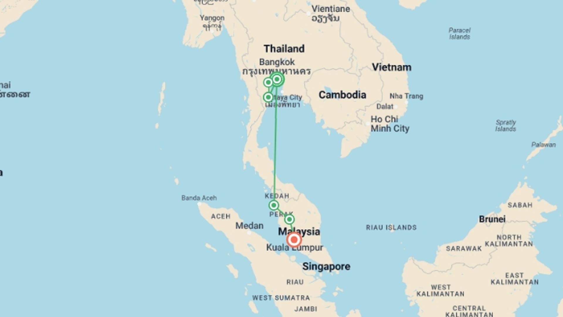 A map showing the tour itinerary for the trip: Thailand and Malaysia Explorer, starting in Bangkok, Thailand and ending in Kuala Lumpur, Malaysia going through 4 other destinations.