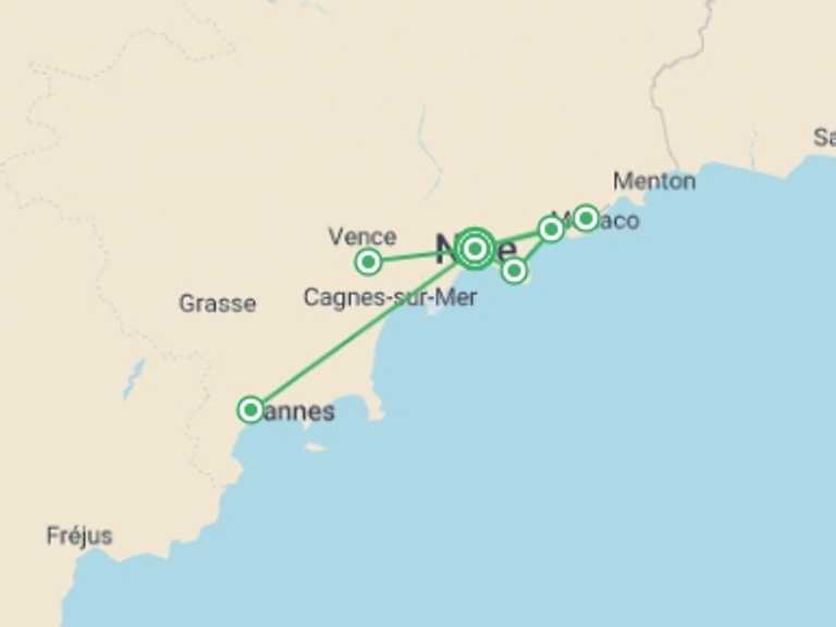 Map itinerary of France Tour in November 2026 with 1 destination visits for the trip: Spotlight on the French Riviera 