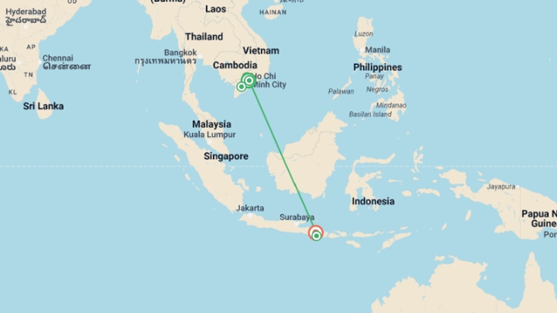 A map showing the tour itinerary for the trip: Treasure of Vietnam and Bali in 10 Days, starting in Ho Chi Minh City, Vietnam and ending in Bali, Indonesia going through 5 other destinations.