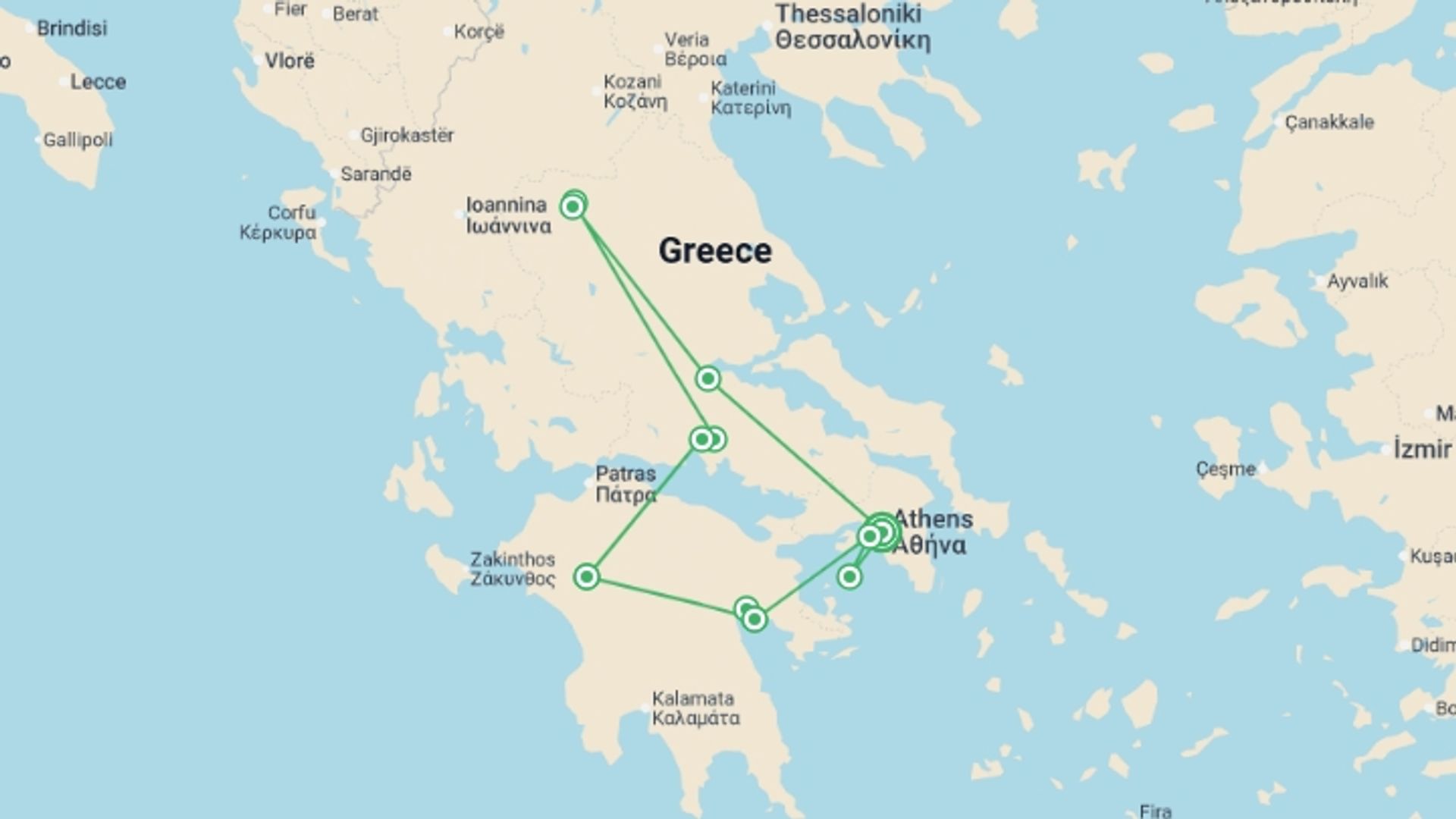A map showing the tour itinerary for the trip: Wonders of Ancient Greece Featuring Athens, Meteora & Aegina Island, starting in Athens, Greece and ending in Athens, Greece going through 4 other destinations.