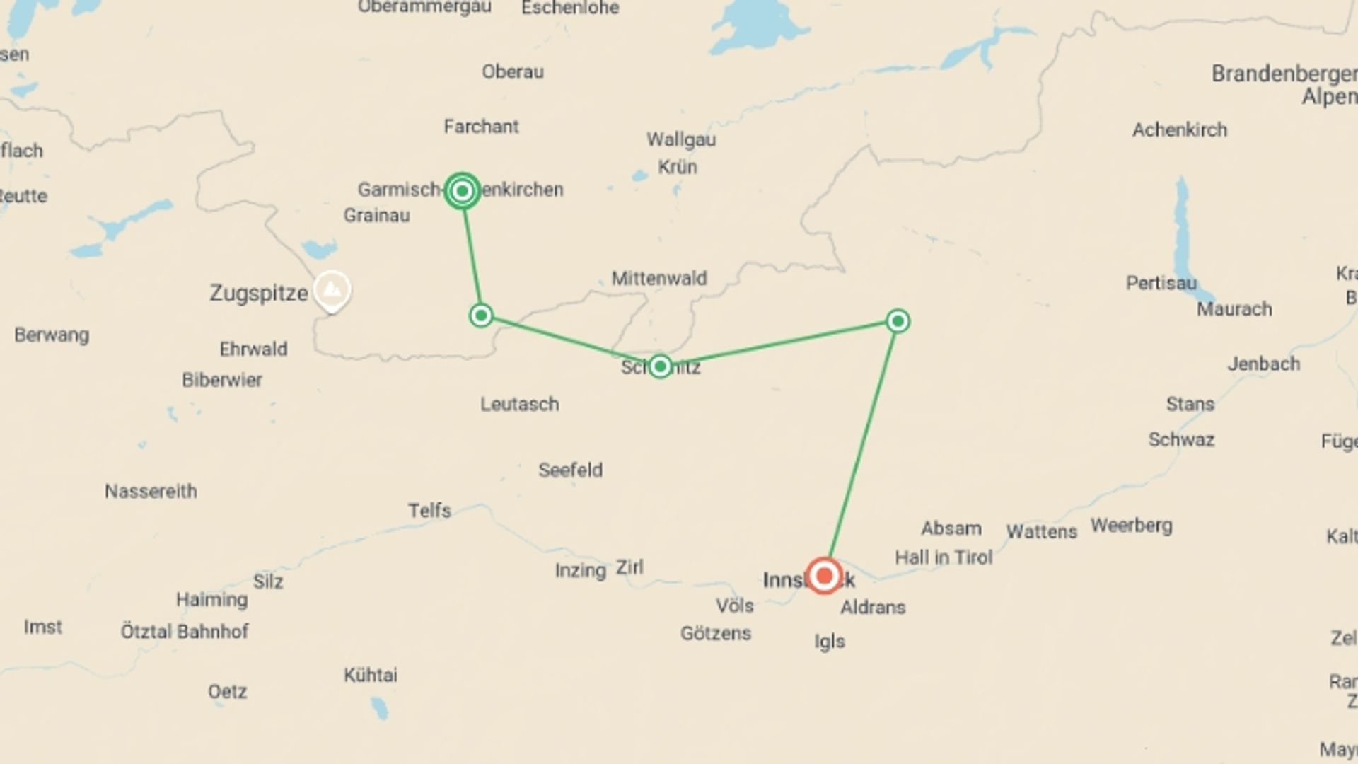 A map showing the tour itinerary for the trip: Trans Tyrol - Garmisch to Innsbruck Hike, starting in Garmisch-Partenkirchen, Germany and ending in Innsbruck, Austria going through 3 other destinations.