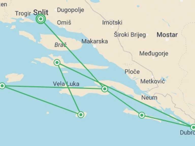 Map of Croatia Sailing, yachting and motor boating Tour with 9 destination visits for the trip: Croatian Pearls