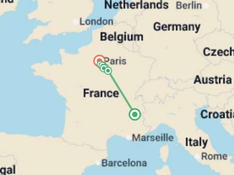 Map itinerary of Europe Tour in April 2027 with 7 destination visits for the trip: Revisit France's Past, its Royal Sites, and Medieval Cities during a Historic Cruise on the Petite Seine (port-to-port cruise)
