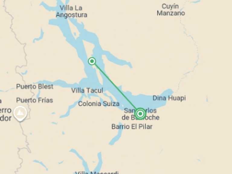 Map of a National parks Tour with 2 destination visits for the trip: 5-Day Nahual Huapi Lake Adventure Tour From Bariloche