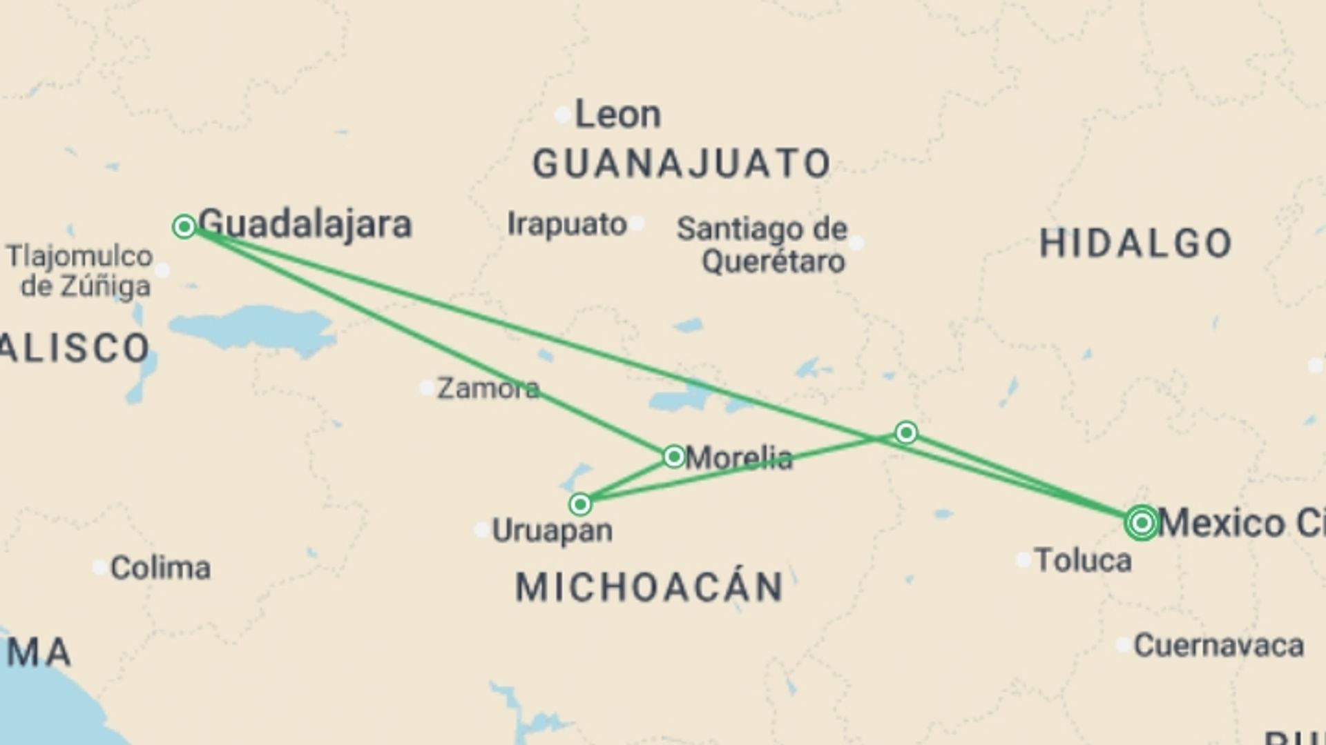 A map showing the tour itinerary for the trip: Capitals of Mexico, starting in Mexico City, Mexico and ending in Mexico City, Mexico going through 2 other destinations.