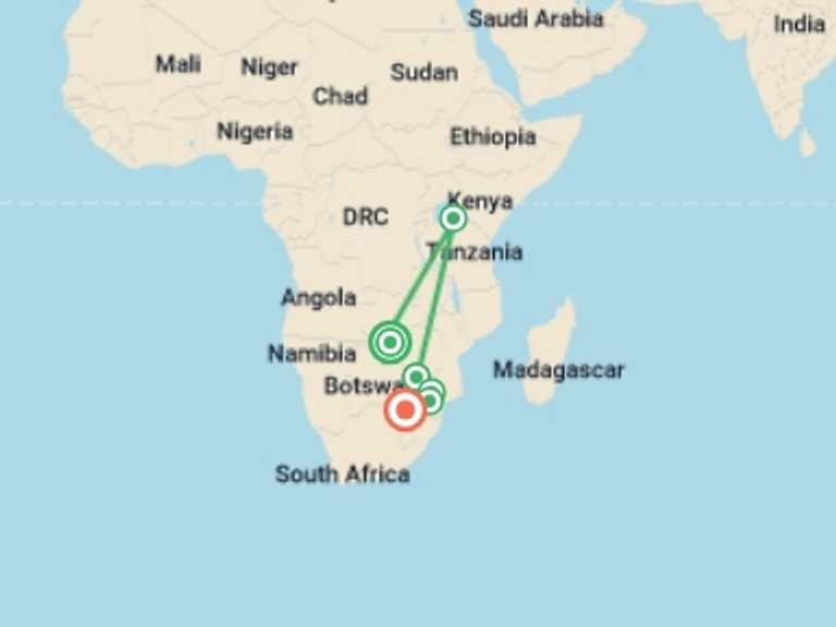 Map itinerary of Kasane Tour in September 2025 with 8 destination visits for the trip: Victoria Falls to Joburg - 12 Days 