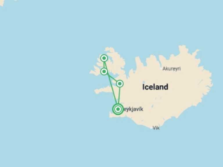 Map of Northern Europe Tour with 3 destination visits for the trip: Wild Westfjords Explorer - 3 days