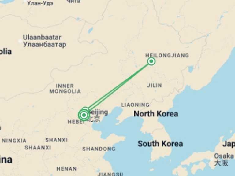 Map itinerary of Asia Tour in Winter with 3 destination visits for the trip: Harbin Ice Festival Express - 6 Days