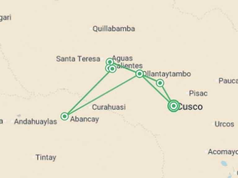Map of Peru Tour with 6 destination visits for the trip: Glamping on the Inca Trail