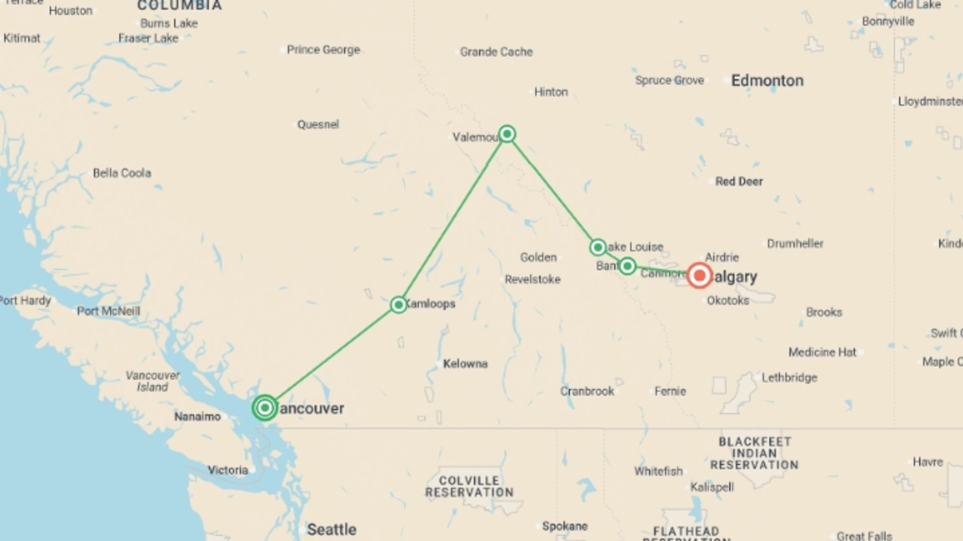 A map showing the tour itinerary for the trip: Canadian Rockies & Jasper featuring Rocky Mountaineer, starting in Vancouver, Canada and ending in Calgary, Canada going through 4 other destinations.
