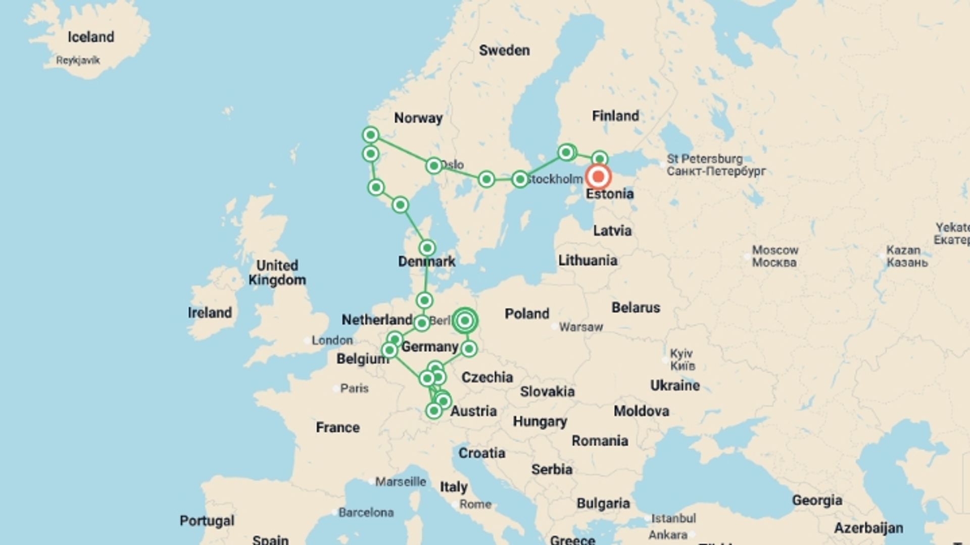 A map showing the tour itinerary for the trip: North of Europe, starting in Berlin, Germany and ending in Tallinn, Estonia going through 12 other destinations.