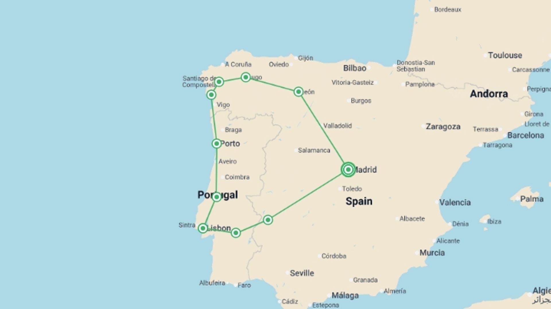 A map showing the tour itinerary for the trip: Essential Spain and Portugal, starting in Madrid, Spain and ending in Madrid, Spain going through 3 other destinations.