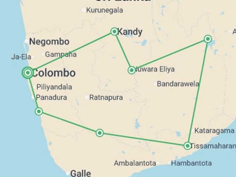 Map itinerary of Sri Lanka Tour in March 2026 with 7 destination visits for the trip: Sri Lanka Safari, Tour & Trek - 8 Days