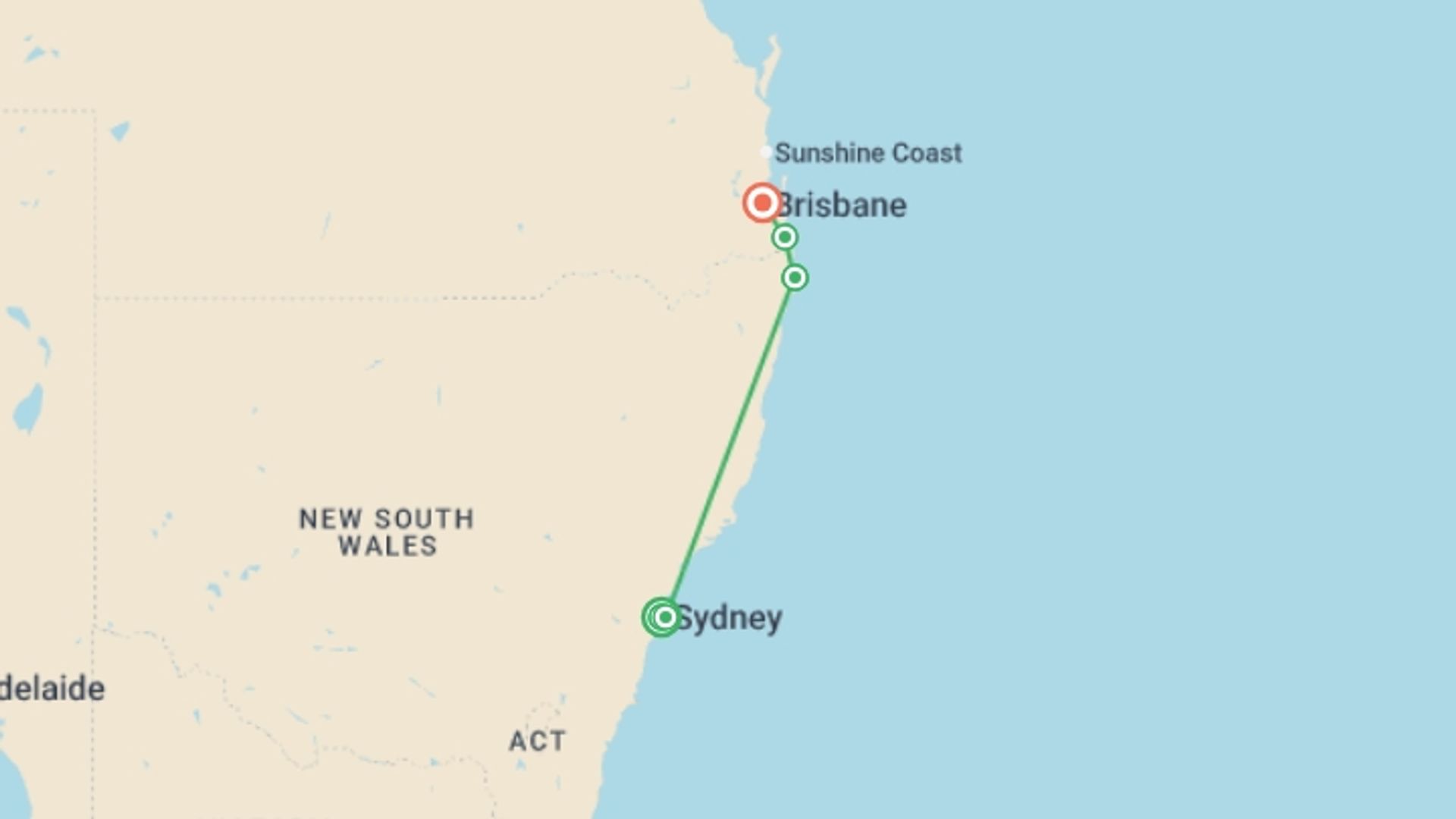 A map showing the tour itinerary for the trip: Oz Intro, starting in Sydney and NSW, Australia and ending in Brisbane, Australia going through 4 other destinations.
