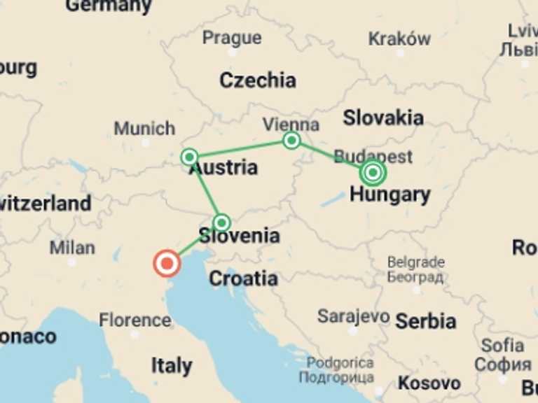 Map itinerary of Vienna Tour in June 2027 with 6 destination visits for the trip: Discover Central Europe