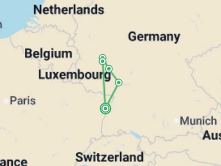 Map of Europe Tour with 4 destination visits for the trip: The Rhine in flames, an incredible spectacle on the water (port-to-port cruise)