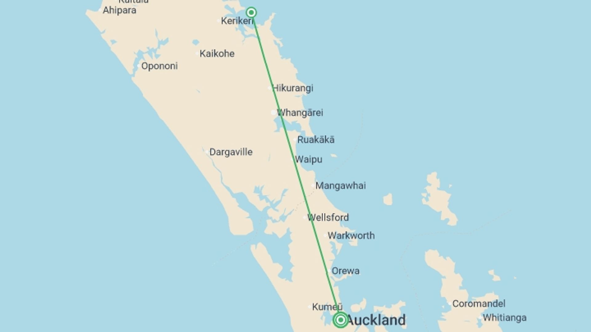 A map showing the tour itinerary for the trip: Jewels of the Bay, starting in Auckland, New Zealand and ending in Auckland, New Zealand going through 1 other destinations.