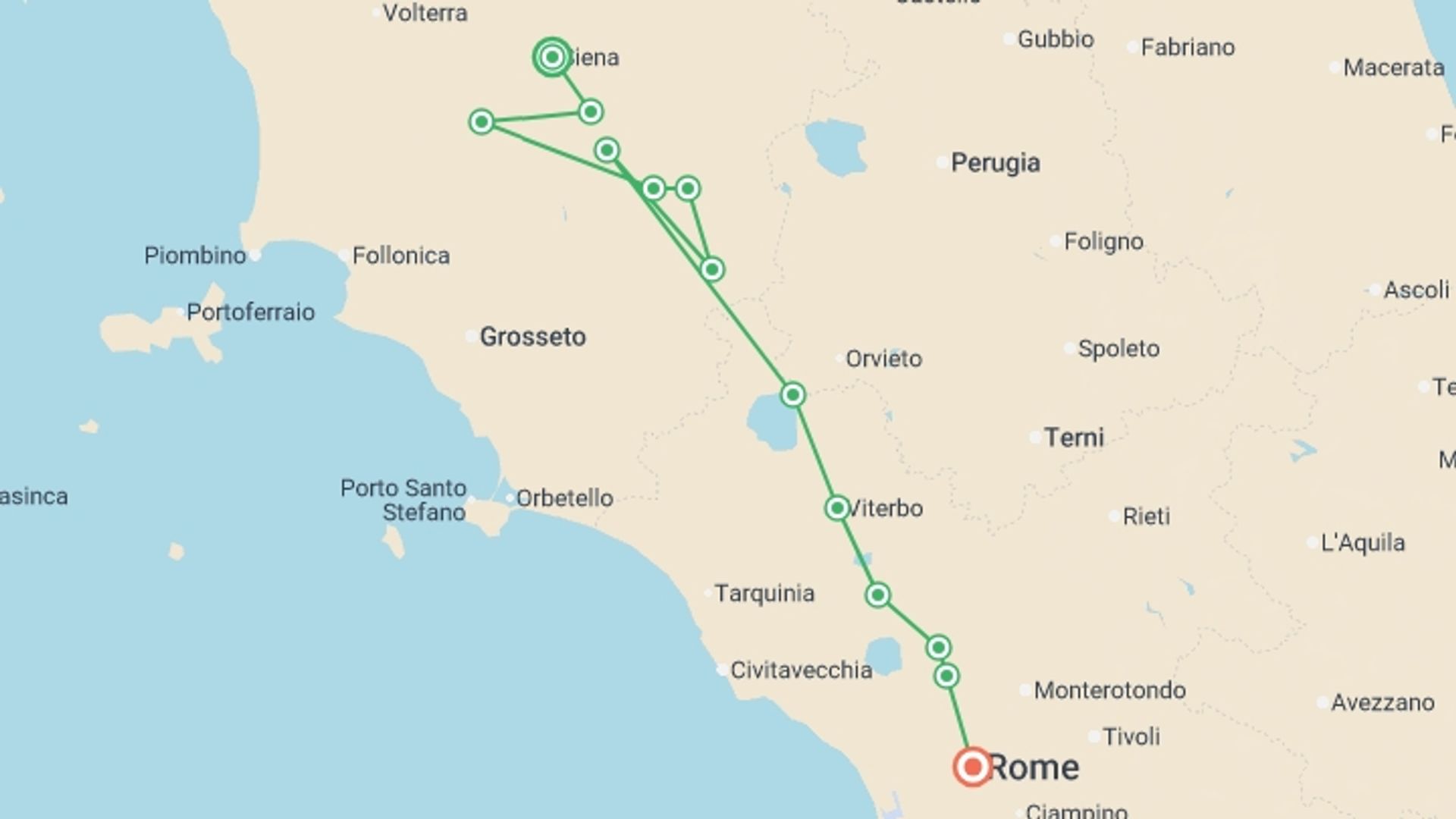 A map showing the tour itinerary for the trip: Cycle the Via Francigena - Siena to Rome, starting in Siena, Italy and ending in Rome, Italy going through 6 other destinations.