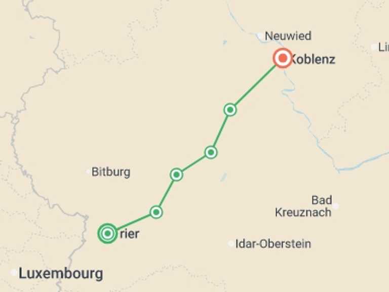 Map of a Adventure and sport Tour with 6 destination visits for the trip: Moselle Bike Path Cycle: Trier to Koblenz