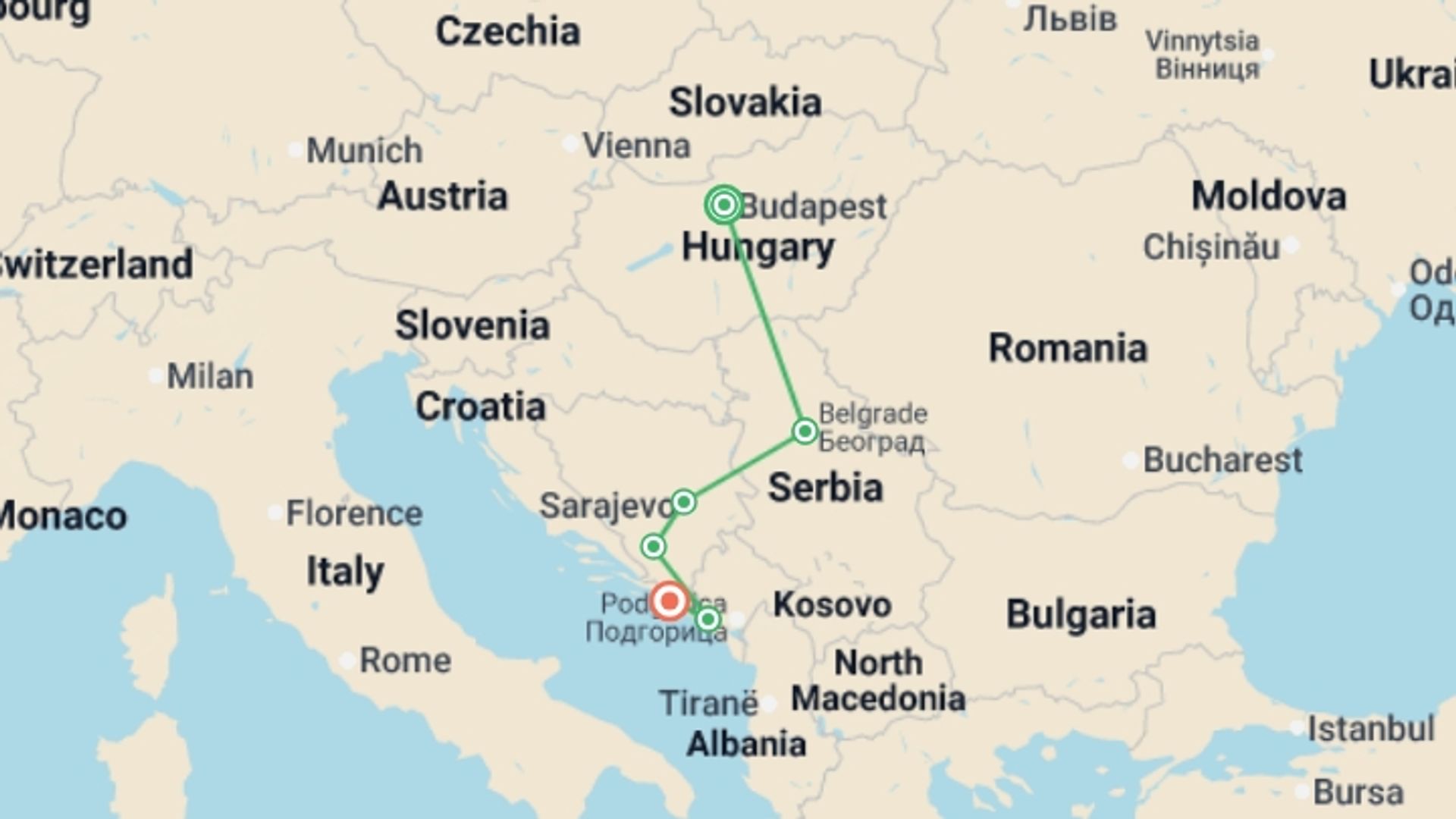 A map showing the tour itinerary for the trip: Explore the Balkans, starting in Budapest, Hungary and ending in Dubrovnik, Croatia going through 4 other destinations.