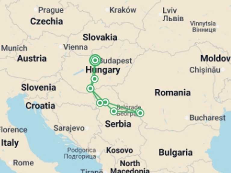 Map of Europe Tour with 6 destination visits for the trip: Budapest, the Pearl of the Danube (port-to-port cruise)