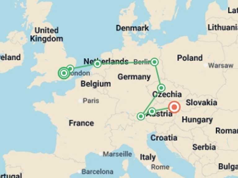 Map itinerary of Europe Tour in February 2026 with 8 destination visits for the trip: From London to Vienna