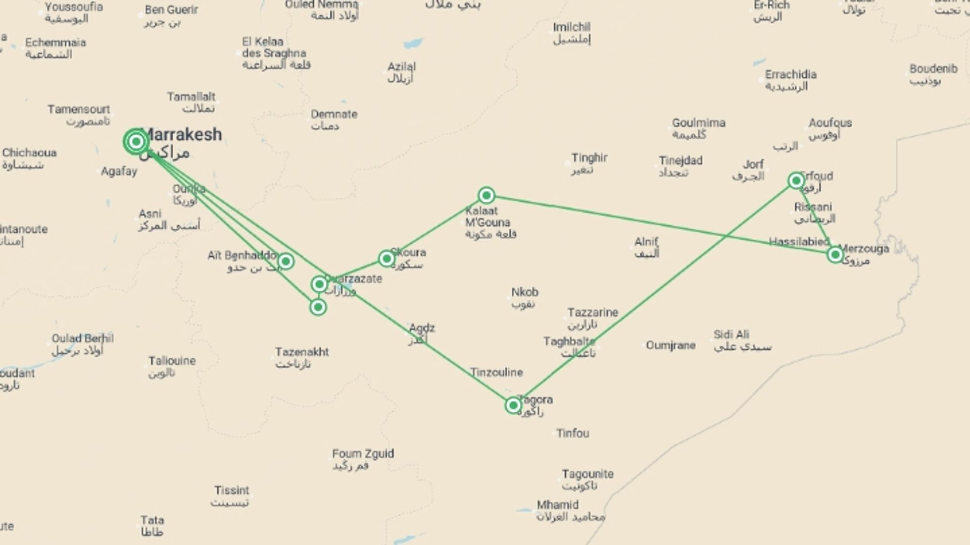 A map showing the tour itinerary for the trip: Route Of 1000 Kasbahs, Self-drive, starting in Marrakech, Morocco and ending in Marrakech, Morocco going through 2 other destinations.