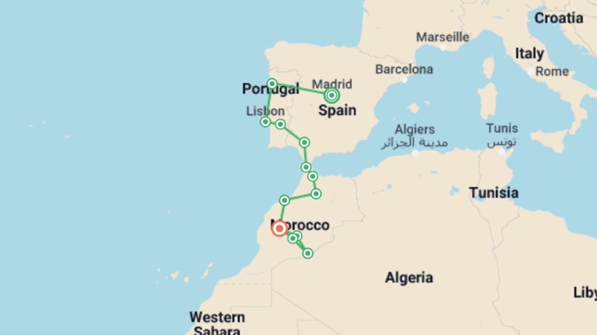 A map showing the tour itinerary for the trip: Spain, Portugal & Morocco: North to South with Marrakech, starting in Madrid, Spain and ending in Marrakech, Morocco going through 11 other destinations.