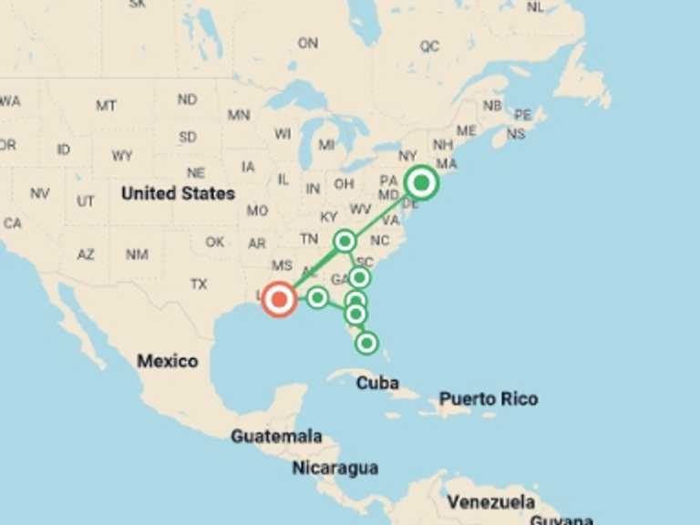 Map itinerary of USA Tour in Fall with 8 destination visits for the trip: USA: Dallas to Miami