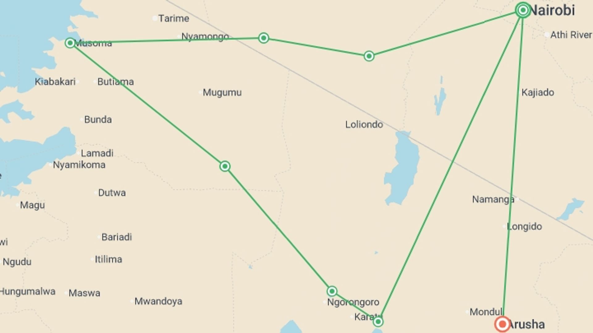 A map showing the tour itinerary for the trip: Essential East Africa, starting in Nairobi, Kenya and ending in Arusha, Tanzania going through 6 other destinations.