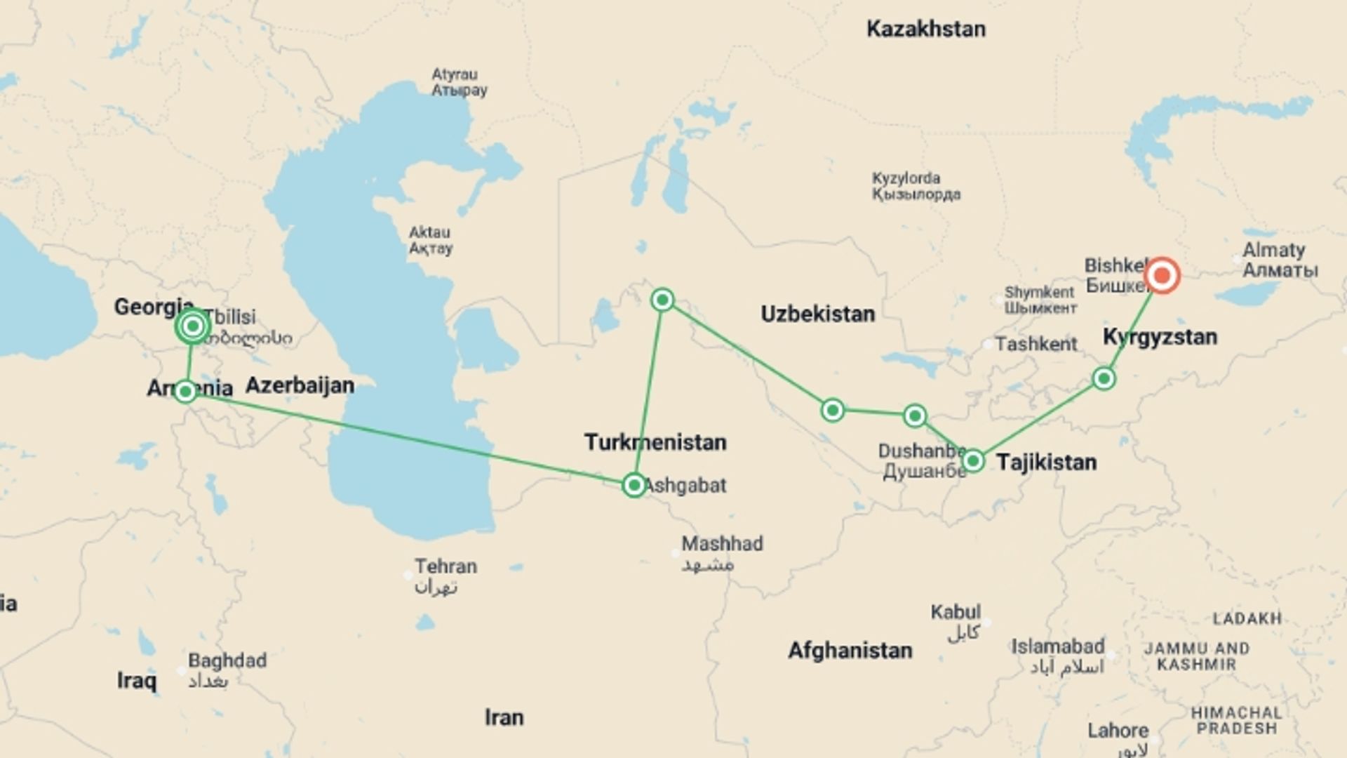 A map showing the tour itinerary for the trip: Tbilisi To Bishkek (54 Days), starting in Tbilisi, Georgia and ending in Bishkek, Kyrgyzstan going through 7 other destinations.