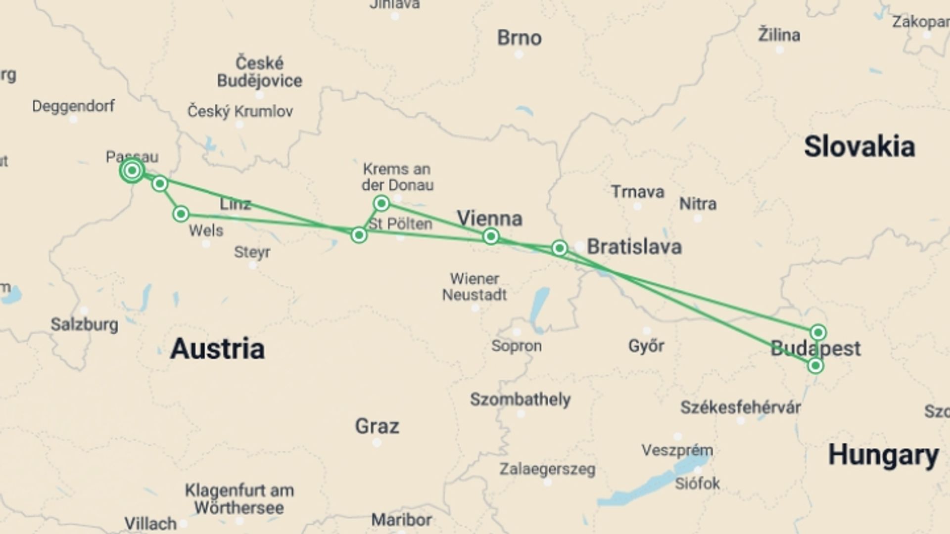 A map showing the tour itinerary for the trip: Danube Explorer to Budapest, starting in Passau, Germany and ending in Passau, Germany going through 6 other destinations.