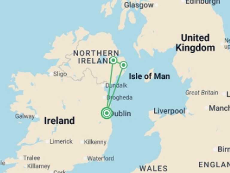 Map of Ireland Tour with 2 destination visits for the trip: Into Northern Ireland (Hotel) - 3 days
