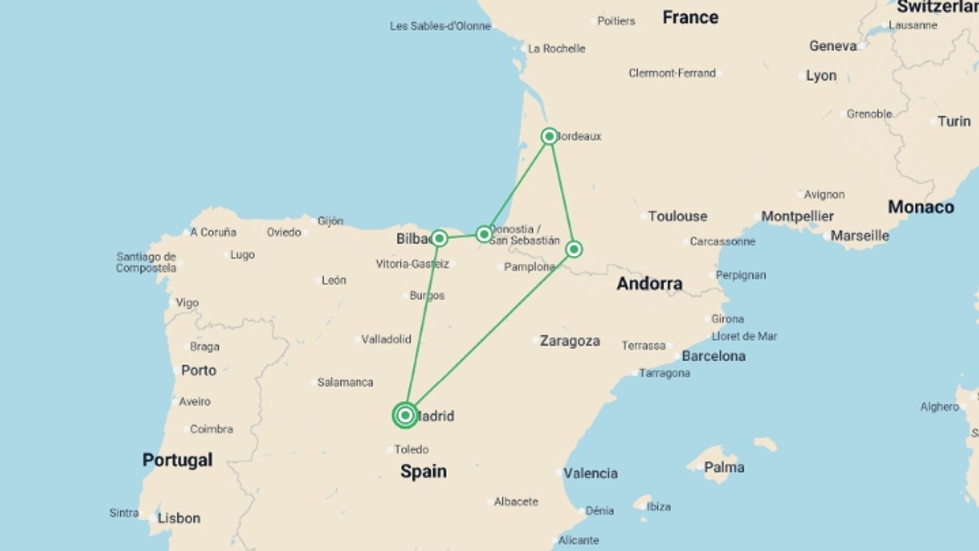 A map showing the tour itinerary for the trip: Basque Country with Lourdes from Madrid, starting in Madrid, Spain and ending in Madrid, Spain going through 4 other destinations.