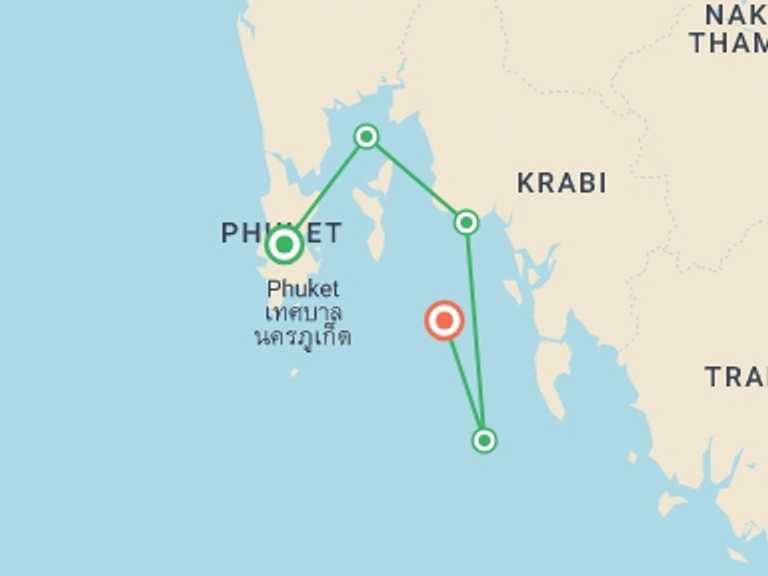 Map of Thailand Tour with 6 destination visits for the trip: Sailing Thailand - Phuket to Ko Phi Phi