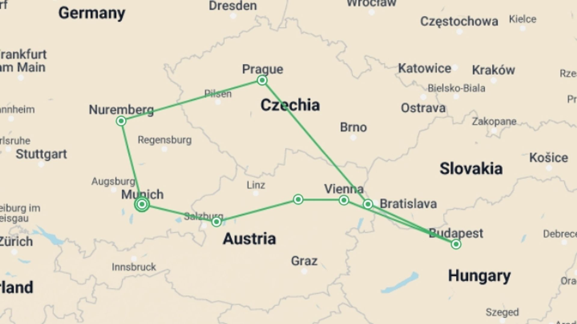 A map showing the tour itinerary for the trip: Taste of Eastern Europe, starting in Munich, Germany and ending in Munich, Germany going through 3 other destinations.