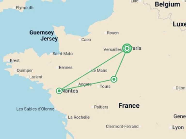 Map itinerary of Europe Tour in April 2027 with 3 destination visits for the trip: From the Châteaux of Chambord and Chenonceau to the Loire Valley