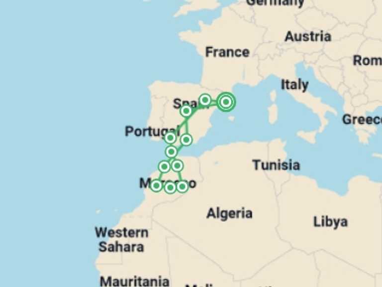 Map itinerary of Europe Tour in June 2026 with 11 destination visits for the trip: Pearls of Spain and Mysterious Morocco