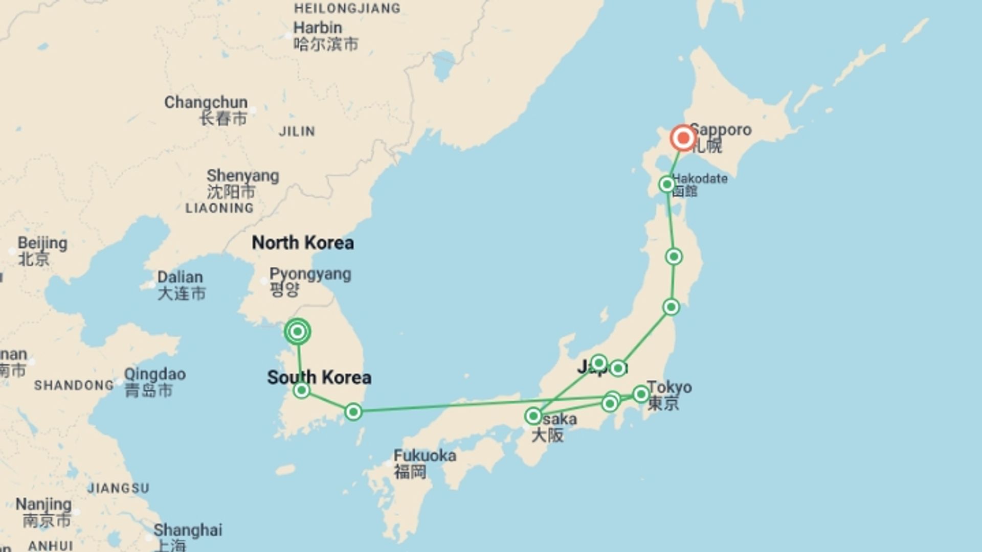 A map showing the tour itinerary for the trip: Scenic Korea and Japan’s Corners, Ending in Sapporo, starting in Seoul, South Korea and ending in Sapporo, Japan going through 10 other destinations.