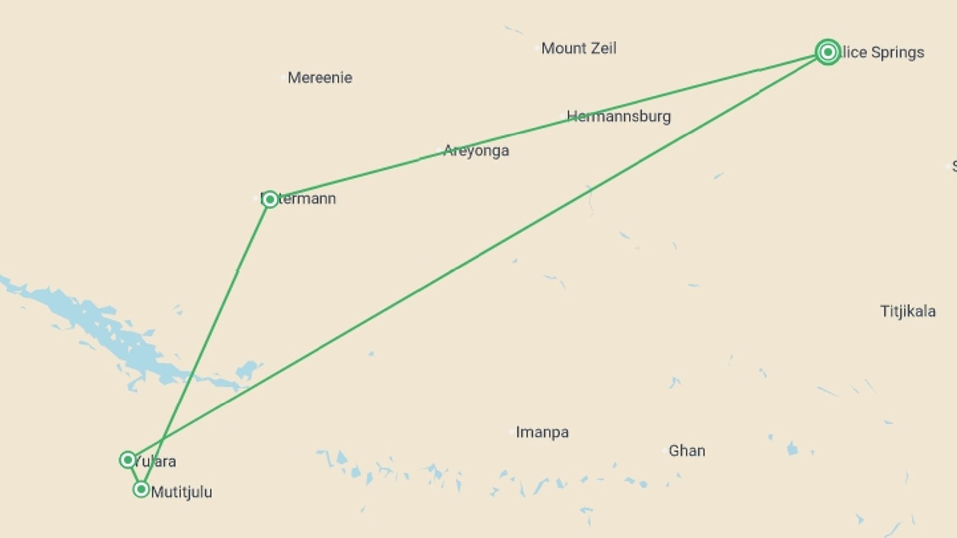 A map showing the tour itinerary for the trip: Uluru & Kings Canyon Adventure, starting in Alice Springs, Australia and ending in Alice Springs, Australia going through 2 other destinations.