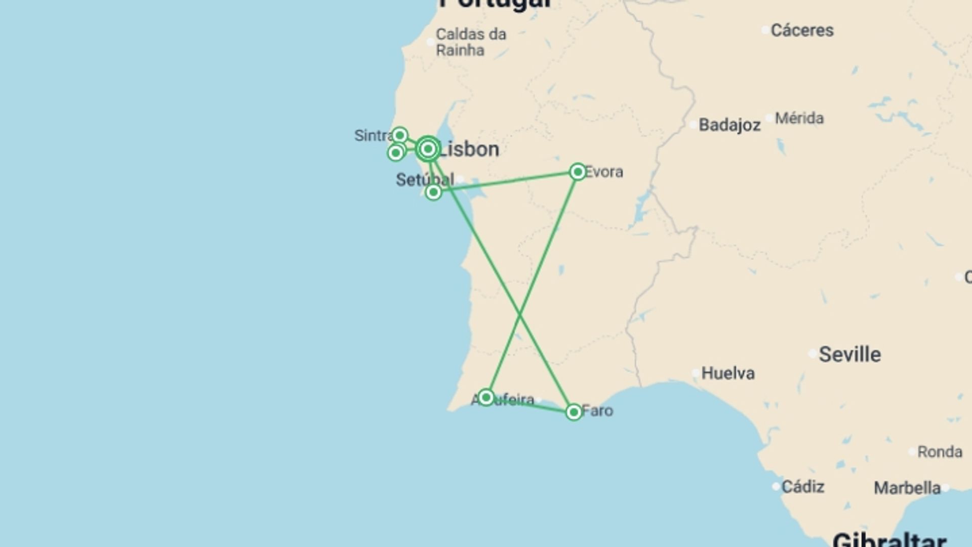 A map showing the tour itinerary for the trip: Lisbon, Evora & Algarve - 9 days, starting in Lisbon, Portugal and ending in Lisbon, Portugal going through 3 other destinations.