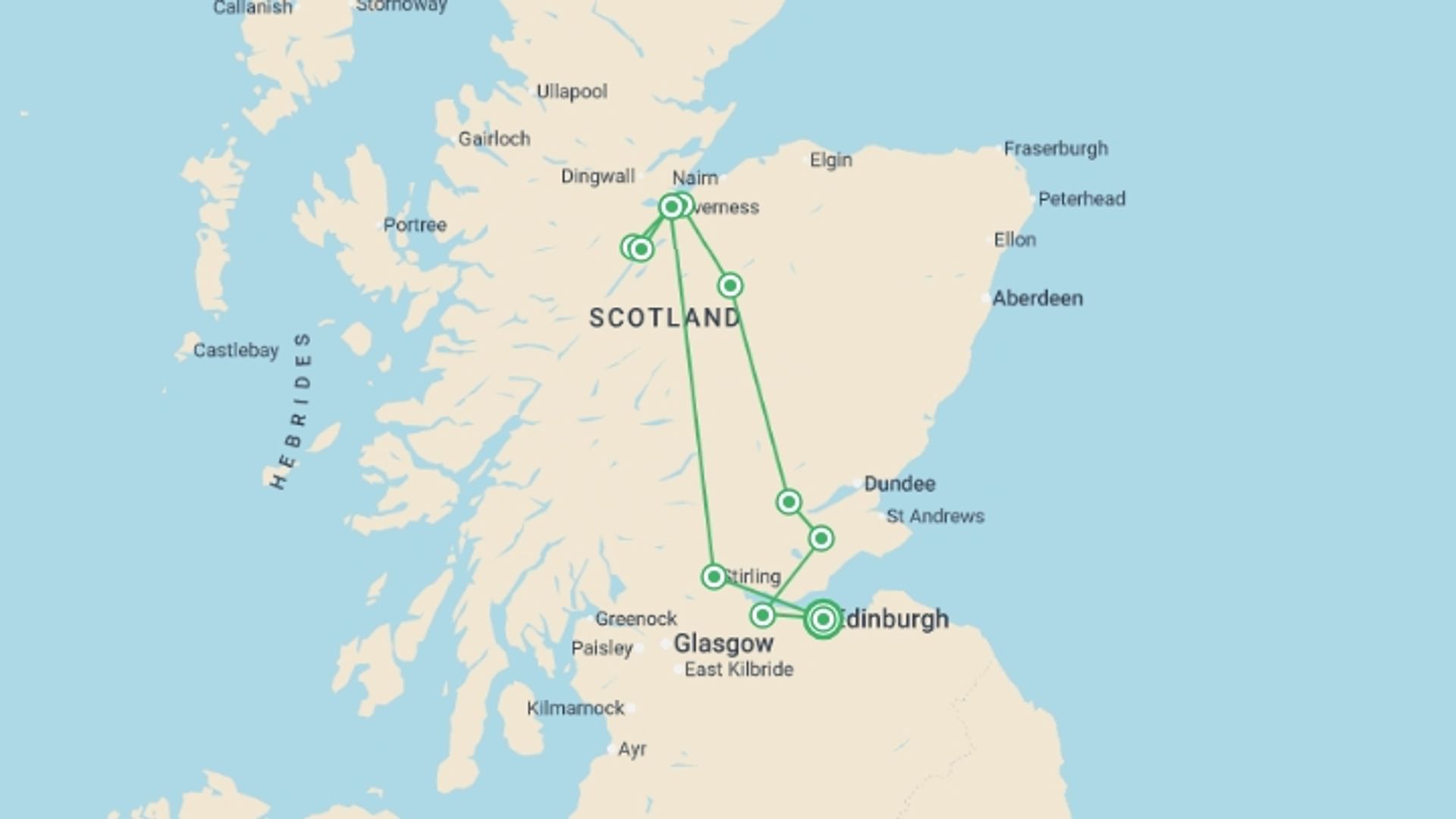 A map showing the tour itinerary for the trip: Outlander TV Trail - 4 days, starting in Edinburgh, Scotland and ending in Edinburgh, Scotland going through 2 other destinations.