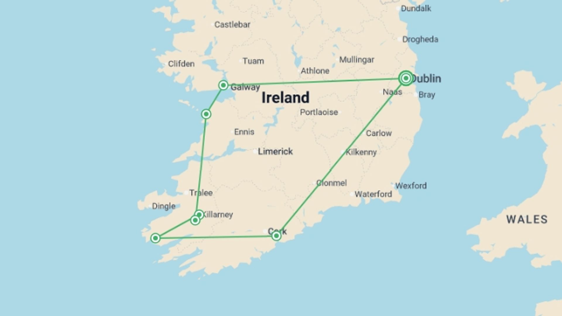A map showing the tour itinerary for the trip: Highlights of Ireland & Islands - 7 days, starting in Dublin, Ireland and ending in Dublin, Ireland going through 6 other destinations.
