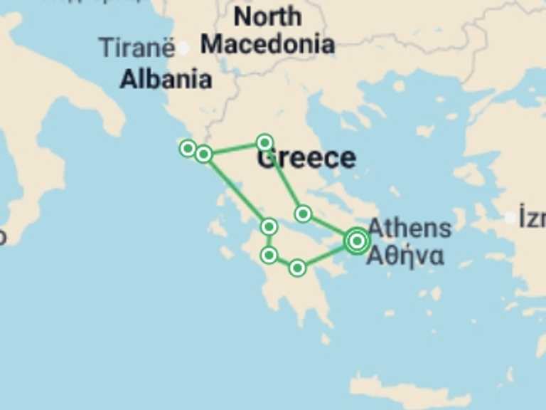 Map of 7-Day Athens Tour with 1 destination visits for the trip: Peloponnese and Meteoras