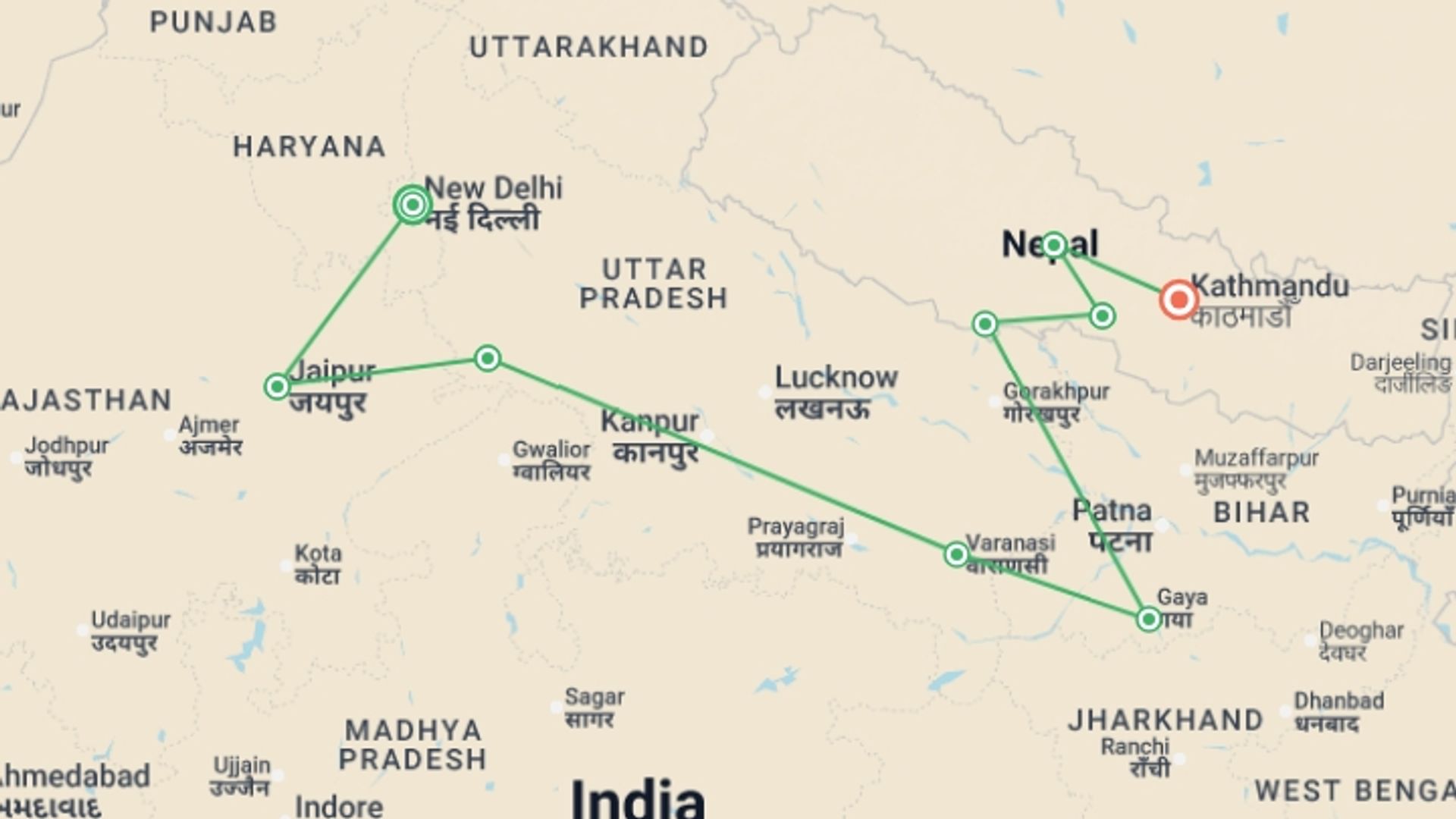 A map showing the tour itinerary for the trip: Highlights of Northern India & Nepal, starting in New Delhi, India and ending in Kathmandu, Nepal going through 7 other destinations.