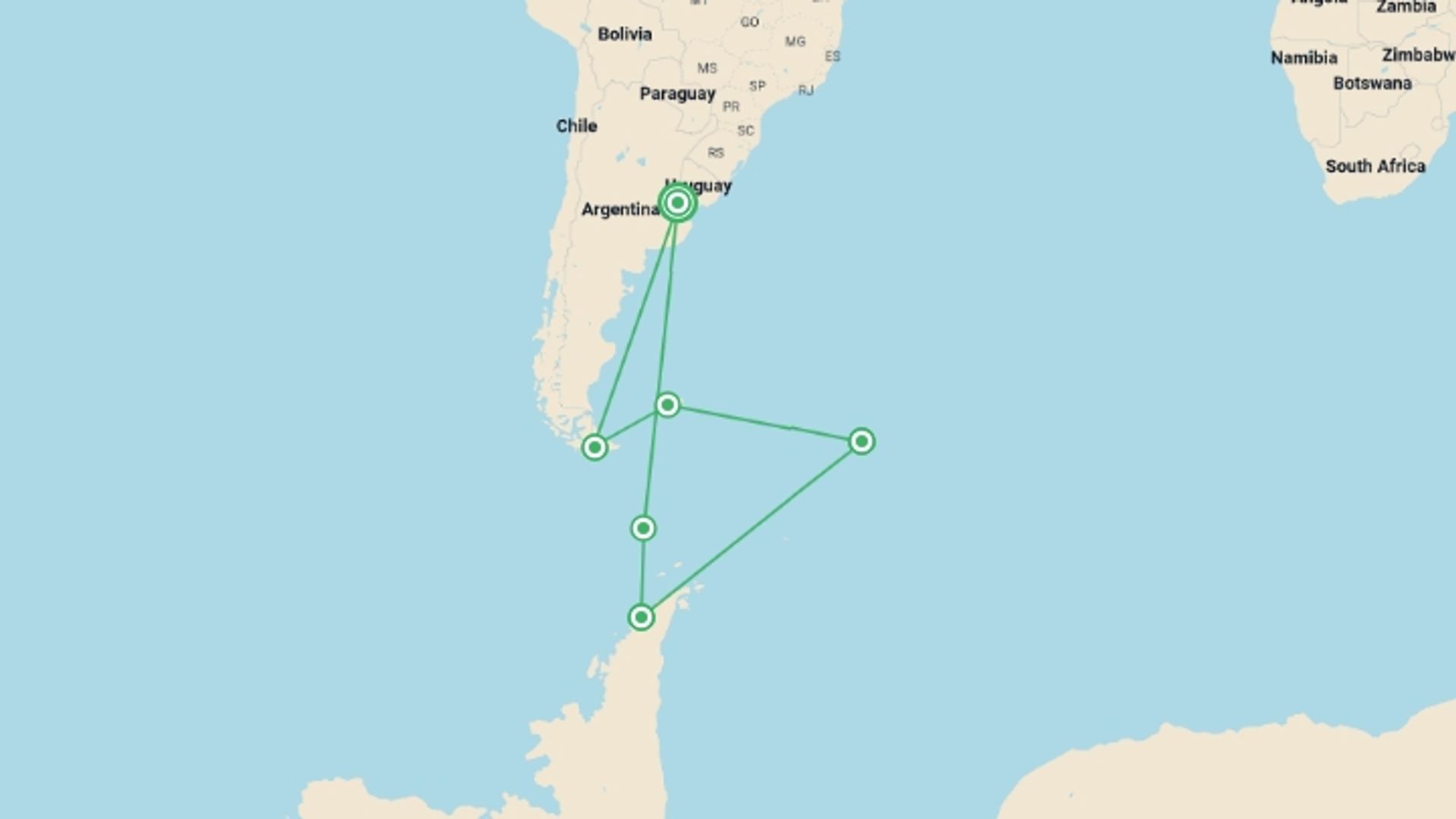 A map showing the tour itinerary for the trip: Epic Antarctica: Falklands, South Georgia & Antarctic Circle Crossing via Buenos Aires, starting in Buenos Aires, Argentina and ending in Buenos Aires, Argentina going through 5 other destinations.
