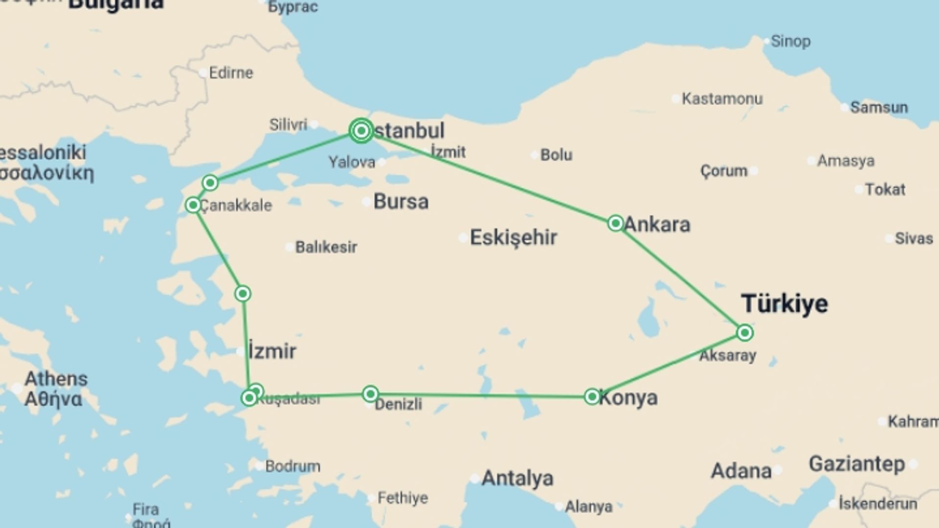 A map showing the tour itinerary for the trip: Highlights of Turkey, starting in Istanbul, Turkey and ending in Istanbul, Turkey going through 7 other destinations.