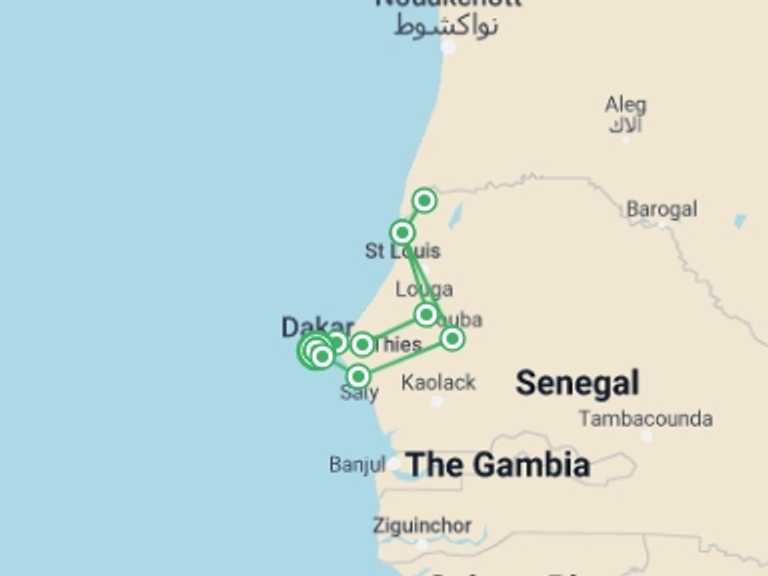 Map of a National parks Tour with 3 destination visits for the trip: Discover Senegal in 7 Days