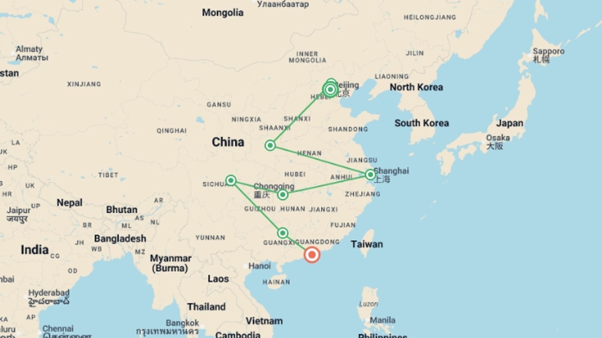 A map showing the tour itinerary for the trip: Journeys: Iconic China, starting in Beijing, China and ending in Hong Kong, Hong Kong going through 6 other destinations.